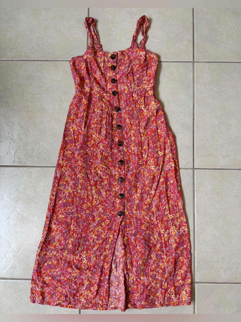 Japna Ditsy Floral Button Down Maxi Dress Orange Coral Pink Boho Summer Small S